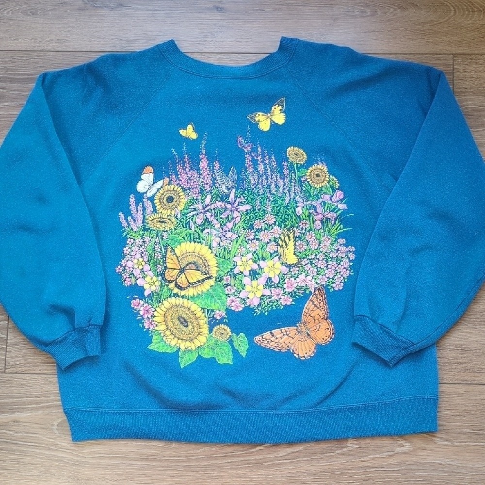 Vintage 80s 90s Floral & Butterflies Cotton Sweatshirt - Sun Sportwear - Large - Picture 2 of 11